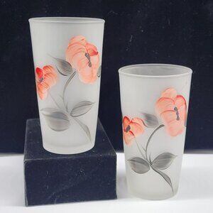 MCM Cocktail Glass Hand Painted Poppy on Frosted Tumbler Barware Anchor Hocking